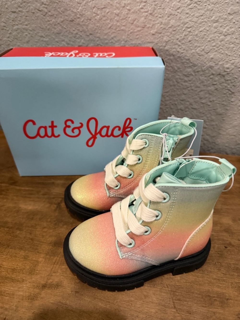 Cat & Jack Pastel Rainbow Lace-Up Kids' Boots - Mint, Pink, Yellow size 6 NEW